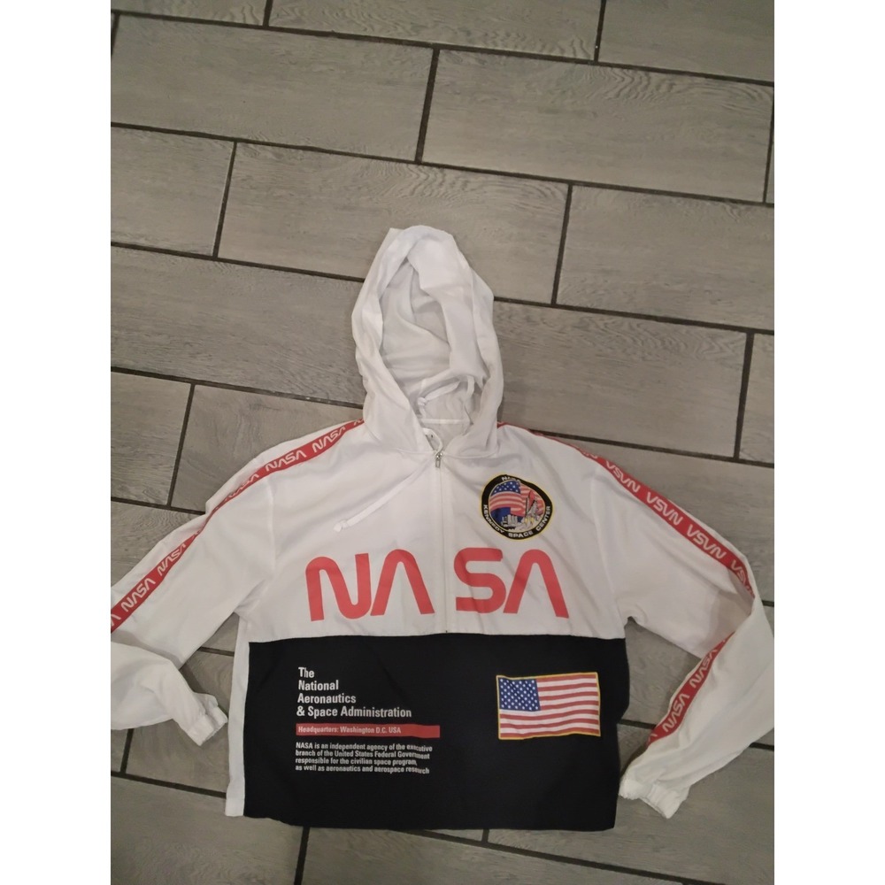 NASA Windbreaker Jacket White Black Red Hooded Zip Up Kennedy Space Center Large